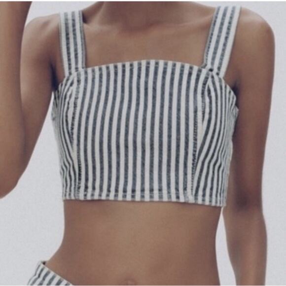 ZARA Crop Top‎ Womens Sz Small Blue White Striped Denim Corset Bustier Tank - Picture 1 of 12